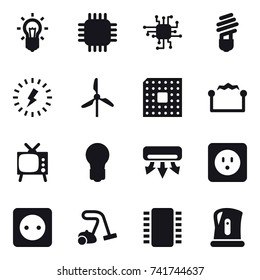 16 vector icon set : bulb, chip, lightning, windmill, cpu, electrostatic, tv, air conditioning, power socket, vacuum cleaner, kettle