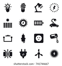 16 vector icon set : bulb, table lamp, lightning, sun power, battery, electric car, electrostatic, spark plug, power socket, mixer