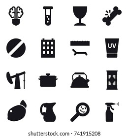 16 vector icon set : bulb brain, vial, wineglass, building, lounger, uv cream, pan, kettle, jug, viruses, sprayer