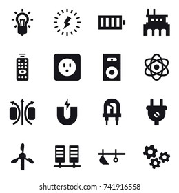 16 vector icon set : bulb, lightning, battery, factory, remote control, power socket, speaker, plow, gears