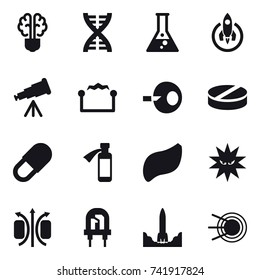 16 vector icon set : bulb brain, dna, flask, rocket, telescope, electrostatic