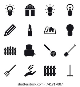 16 vector icon set : bulb, gift, pencil, lipstick, project, fence, toaster, skimmer, shovel, fork, harvest, rake