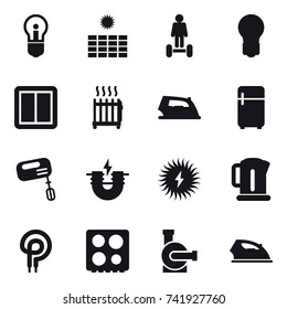 16 vector icon set : bulb, sun power, hoverboard, power switch, radiator, iron, fridge, mixer, kettle, water pump