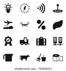 16 vector icon set : bulb, lightning, wireless, target, weather management, drone, percent, suitcase, measuring cup, cow, bucket and broom, toilet paper