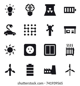 16 vector icon set : bulb, bulb brain, nuclear power, battery, electric car, chip, windmill, gas station, sun, power socket, power switch, radiator, factory