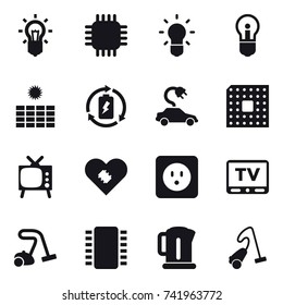 16 vector icon set : bulb, chip, sun power, battery charge, electric car, cpu, tv, power socket, vacuum cleaner, kettle