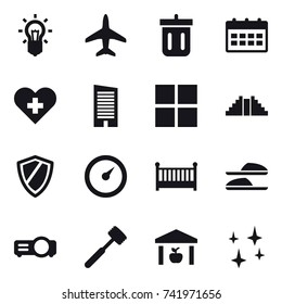 16 vector icon set : bulb, plane, bin, calendar, skyscraper, window, pyramid, shield, barometer, crib, slippers, meat hammer, warehouse, shining