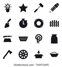 16 vector icon set : bulb, star, pencil, construction, lifebuoy, fence, cutting board, kolander, axe, wheel, package, foam basin