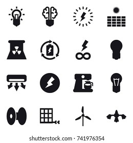 16 vector icon set : bulb, bulb brain, lightning, sun power, nuclear power, battery charge, infinity power, air conditioning, electricity, coffee maker, windmill, hard reach place cleaning