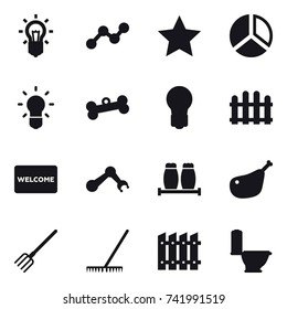 16 vector icon set : bulb, graph, star, diagram, bone, fence, welcome mat, fork, rake, toilet