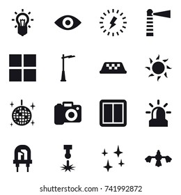 16 vector icon set : bulb, eye, lightning, lighthouse, window, outdoor light, taxi, sun, disco ball, camera, power switch, alarm, shining, hard reach place cleaning