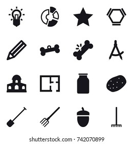 16 vector icon set : bulb, circle diagram, star, hex molecule, pencil, bone, draw compass, mansion, plan, shovel, fork, acorn, rake