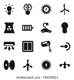 16 vector icon set : bulb, bulb brain, sun power, windmill, nuclear power, battery, electric car, air conditioning, power switch, mixer, hard reach place cleaning