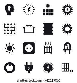 16 vector icon set : bulb head, lightning, sun power, chip, electrostatic, sun, power socket, radiator