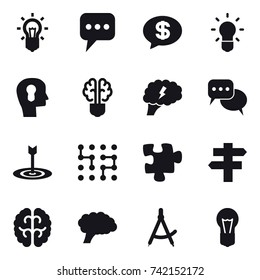 16 vector icon set : bulb, message, money message, bulb head, bulb brain, brain, discussion, target, chip, puzzle, singlepost, draw compass