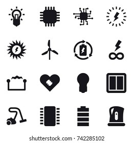 16 vector icon set : bulb, chip, lightning, sun power, windmill, battery charge, infinity power, electrostatic, power switch, vacuum cleaner, kettle