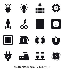 16 vector icon set : bulb, sun power, hoverboard, infinity power, power socket, power switch, kettle