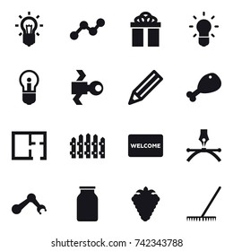 16 vector icon set : bulb, graph, gift, satellite, pencil, chicken leg, plan, fence, welcome mat, berry, rake