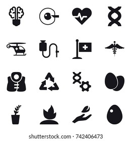 16 vector icon set : bulb brain, cell corection, life vest, seedling, sprouting, hand leaf, egg