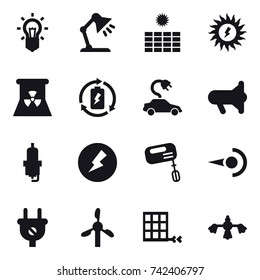 16 vector icon set : bulb, table lamp, sun power, nuclear power, battery charge, electric car, megafon, spark plug, electricity, mixer, hard reach place cleaning