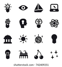 16 vector icon set : bulb, eye, boat, notebook, bulb head, bulb brain, atom, goverment house, sun, disco ball, cherry, shining