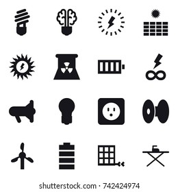 16 vector icon set : bulb, bulb brain, lightning, sun power, nuclear power, battery, infinity power, megafon, power socket, iron board