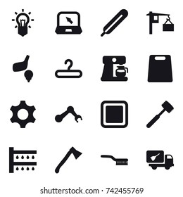 16 vector icon set : bulb, notebook, golf, hanger, coffee maker, cutting board, meat hammer, watering, axe, brush, home call cleaning