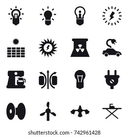 16 vector icon set : bulb, lightning, sun power, nuclear power, electric car, coffee maker, hard reach place cleaning, iron board
