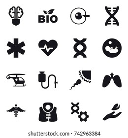 16 vector icon set : bulb brain, bio, cell corection, dna, life vest, hand leaf