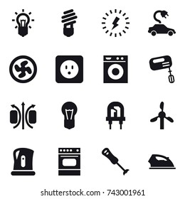16 vector icon set : bulb, lightning, electric car, cooler fan, power socket, washing machine, mixer, kettle, iron