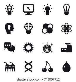 16 vector icon set : bulb, monitor arrow, bulb head, bulb brain, atom core, atom, discussion, sun, disco ball, cherry, drop