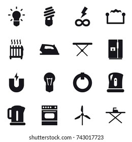 16 vector icon set : bulb, infinity power, electrostatic, radiator, iron, iron board, fridge, kettle, windmill