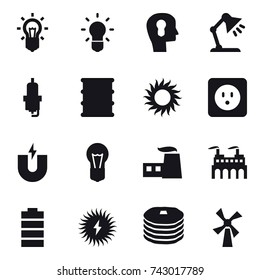 16 vector icon set : bulb, bulb head, table lamp, spark plug, sun, power socket, windmill