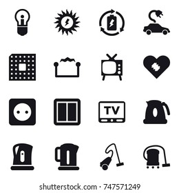 16 vector icon set : bulb, sun power, battery charge, electric car, cpu, electrostatic, tv, power socket, power switch, kettle, vacuum cleaner