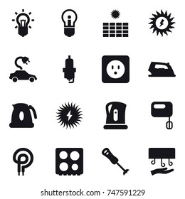 16 vector icon set : bulb, sun power, electric car, spark plug, power socket, iron, kettle, hand dryer