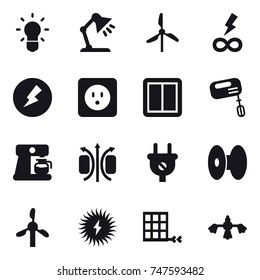 16 vector icon set : bulb, table lamp, windmill, infinity power, electricity, power socket, power switch, mixer, coffee maker, hard reach place cleaning