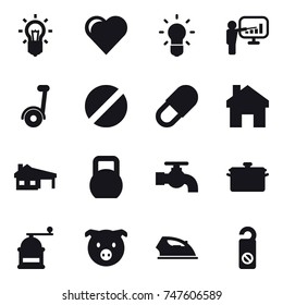 16 vector icon set : bulb, heart, presentation, segway, home, house with garage, water tap, pan, hand mill, pig, iron, do not distrub
