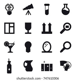 16 vector icon set : bulb brain, telescope, window, cocktail, bulb, mirror, jug, clean  window, wiping