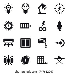 16 vector icon set : bulb, bulb brain, table lamp, lightning, sun power, battery, infinity power, spark plug, air conditioning, power switch, mixer, iron board