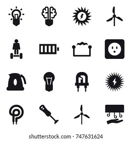 16 vector icon set : bulb, bulb brain, sun power, windmill, hoverboard, battery, electrostatic, power socket, kettle, hand dryer