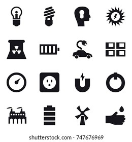 16 vector icon set : bulb, bulb head, sun power, nuclear power, battery, electric car, panel house, barometer, power socket, windmill, hand drop