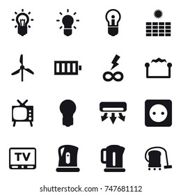 16 vector icon set : bulb, sun power, windmill, battery, infinity power, electrostatic, tv, air conditioning, power socket, kettle, vacuum cleaner