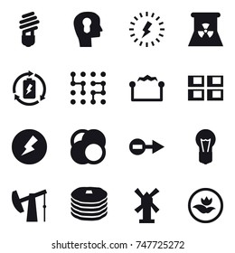 16 vector icon set : bulb, bulb head, lightning, nuclear power, battery charge, chip, electrostatic, panel house, electricity, windmill, ecology