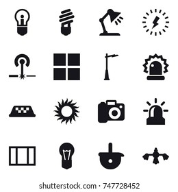 16 vector icon set : bulb, table lamp, lightning, laser, window, outdoor light, taxi, sun, camera, alarm, hard reach place cleaning