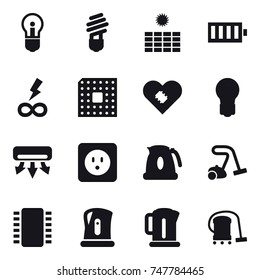 16 vector icon set : bulb, sun power, battery, infinity power, cpu, air conditioning, power socket, kettle, vacuum cleaner