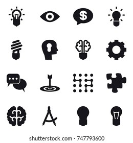 16 vector icon set : bulb, eye, money message, bulb head, bulb brain, gear, discussion, target, chip, puzzle, draw compass
