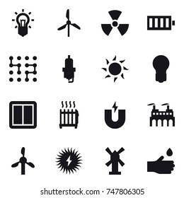 16 vector icon set : bulb, windmill, nuclear, battery, chip, spark plug, sun, power switch, radiator, hand drop