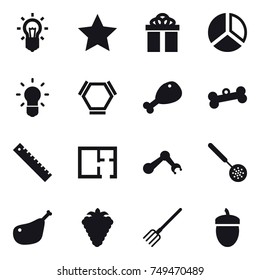 16 vector icon set : bulb, star, gift, diagram, hex molecule, chicken leg, bone, ruler, plan, skimmer, berry, fork, acorn