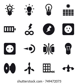 16 vector icon set : bulb, sun power, battery, infinity power, electricity, power socket, hard reach place cleaning