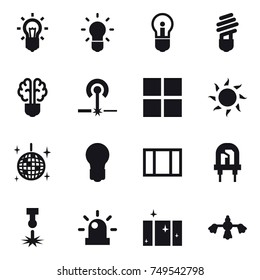 16 vector icon set : bulb, bulb brain, laser, window, sun, disco ball, clean  window, hard reach place cleaning